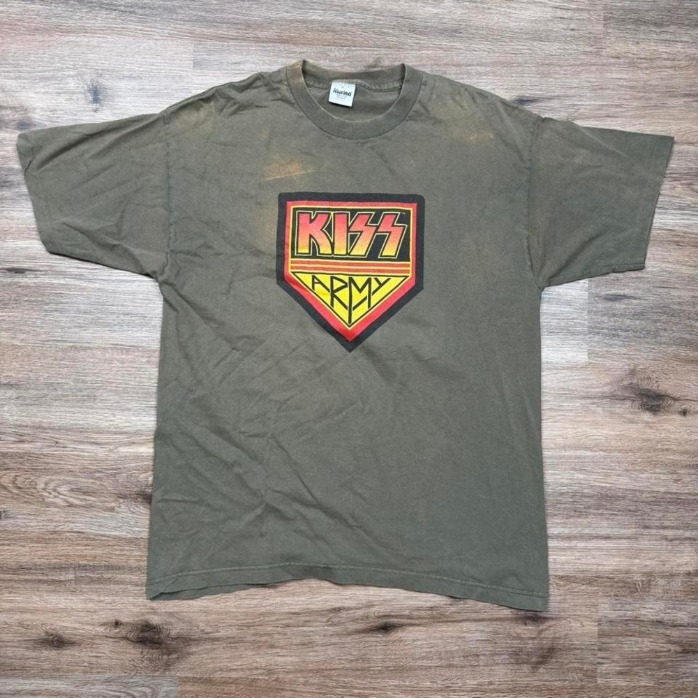 vintage 90s army green kids army dated sun faded band tee